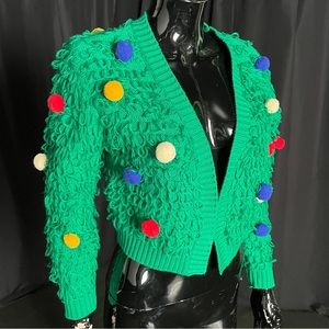 Vintage knit green sweater with multicolor poof balls
